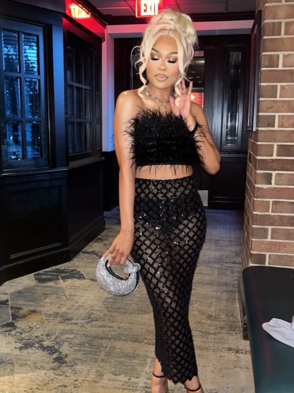 Black Sequin Lace Maxi Skirt with Feather bandeau top